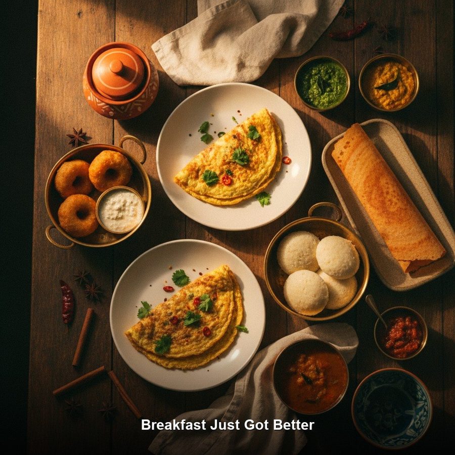 Instagram post created by SocialSmith: a South Indian breakfast spread of dosa, idli, vada, omelettes and chutneys on a wooden table, with the headline Breakfast Just Got Better